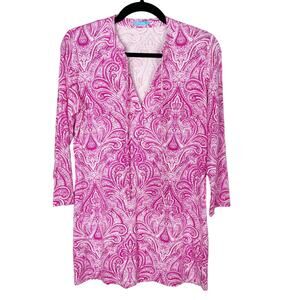 J McLaughlin S Pink White Paisley Printed Tunic Top Catalina Cloth Split V Neck